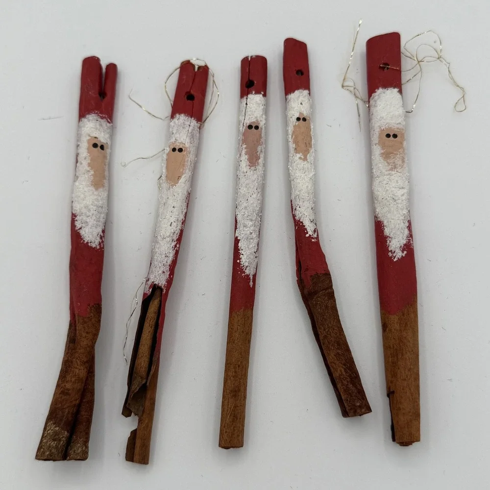 VTG Handmade Santa Claus Cinnamon Stick Ornament Set of 5 Rustic Christmas Decor